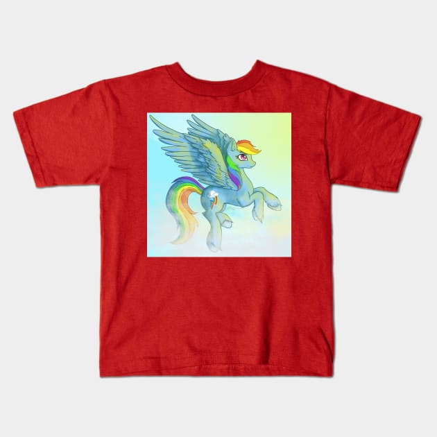 Rainbow Dash in the Clouds Kids T-Shirt by ThatCatObsessedDemon